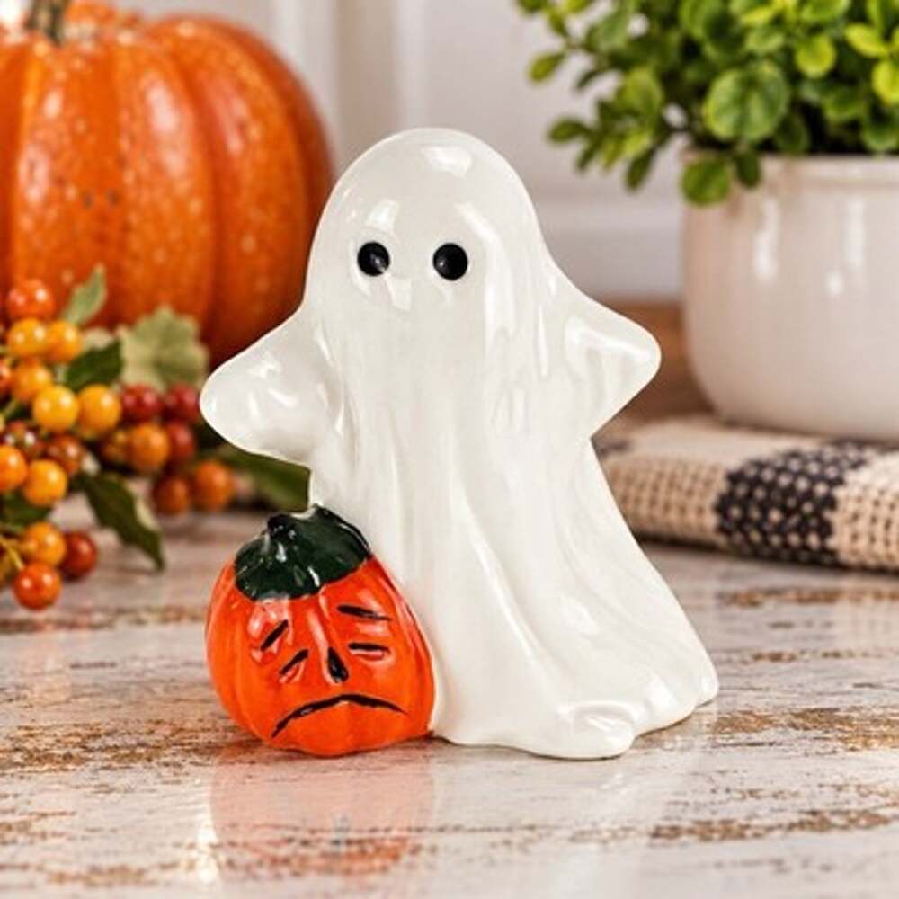 Vintage Flambro Bone China Halloween Ghost Pumpkin Figurine Taiwan 3.5”